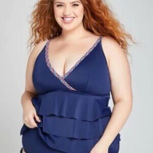 Swim by Cacique Braided Hem Ruffle Tankini Swimsuit Top‎